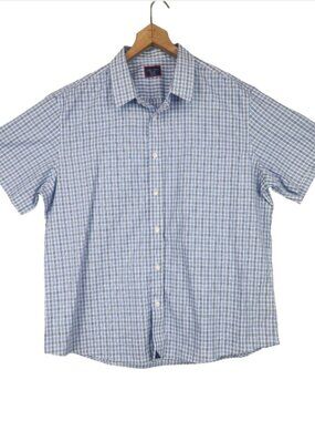 Untuckit Dante Button Up Shirt Men's XXL Blue Short Sleeve Checked Preppy Casual